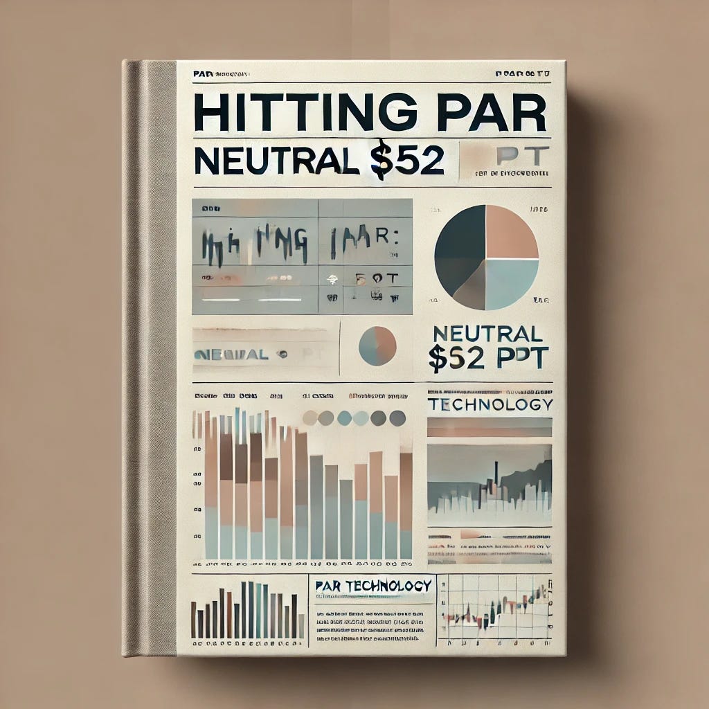 A book cover titled 'Hitting PAR: Neutral $52 PT' featuring a neutral rating for PAR Technology stock. The design should be clean and professional, with a subtle financial theme. Incorporate a muted color palette with neutral tones like gray, beige, and soft blue. Include minimalist elements like stock charts or graphs in the background, indicating a neutral stance. The title should be prominently displayed, with a focus on clarity and readability.