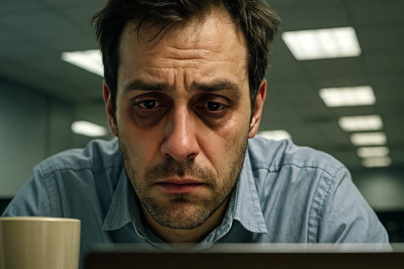A man with tired, sunken eyes and a somber expression stares intently at a screen in a dimly lit office. He looks emotionally drained and sleep-deprived, suggesting stress, burnout, or deep fatigue. A coffee mug sits in the foreground, adding to the late-night work atmosphere.