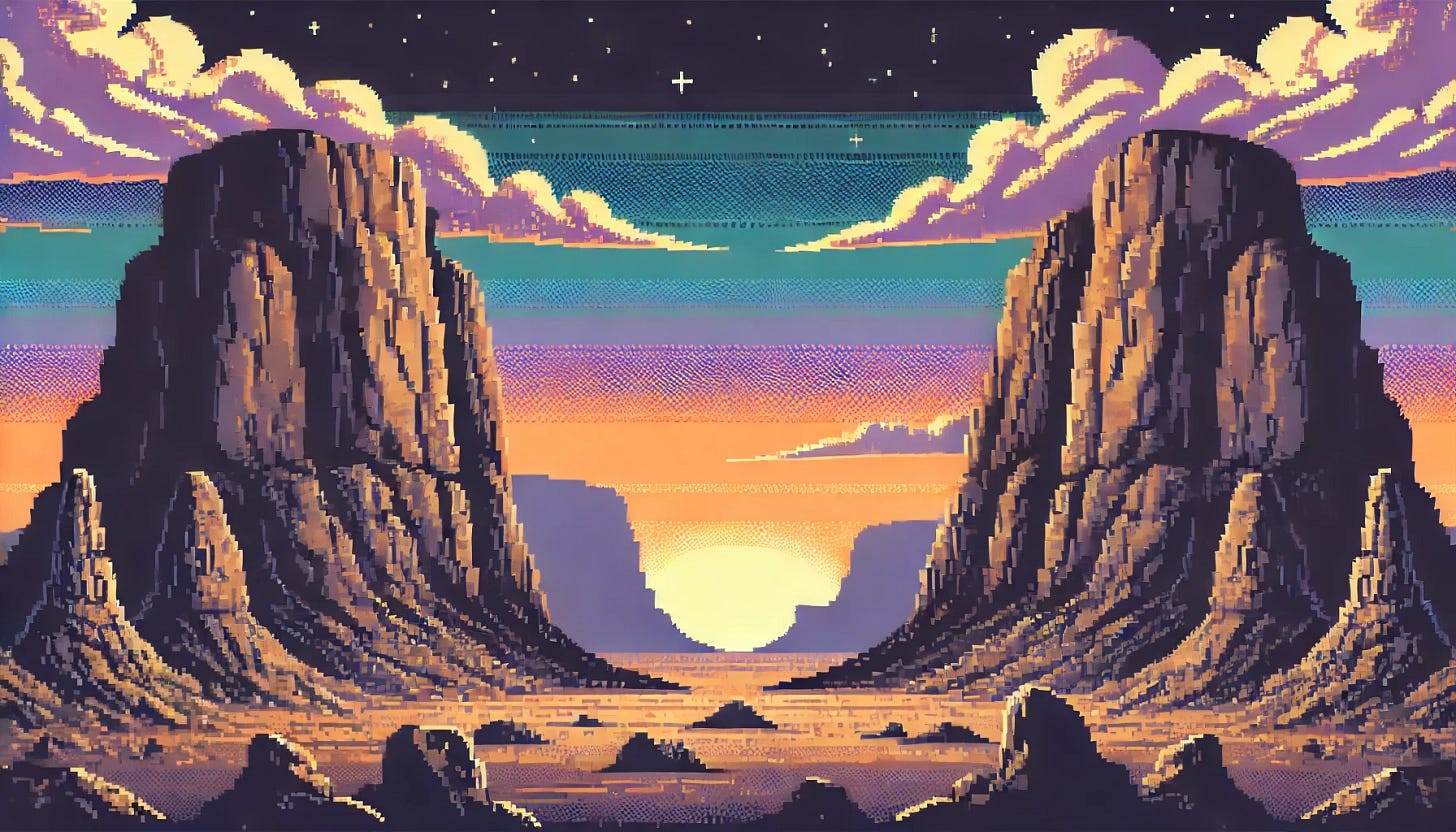 A pixel art scene in a 1980s frontier adventure style. The image depicts two towering mountains with a wide, dramatic gap between them. In the distance, under a sunset sky, rugged terrain stretches towards the horizon. The image has no vehicles or modern elements, maintaining an Old West aesthetic of uncharted territory and exploration. No text. A pixel art scene in a 1980s frontier adventure style. The image depicts two towering mountains with a wide, dramatic gap between them. In the distance, under a sunset sky, rugged terrain stretches towards the horizon. The image has no vehicles or modern elements, maintaining an Old West aesthetic of uncharted territory and exploration. No text.