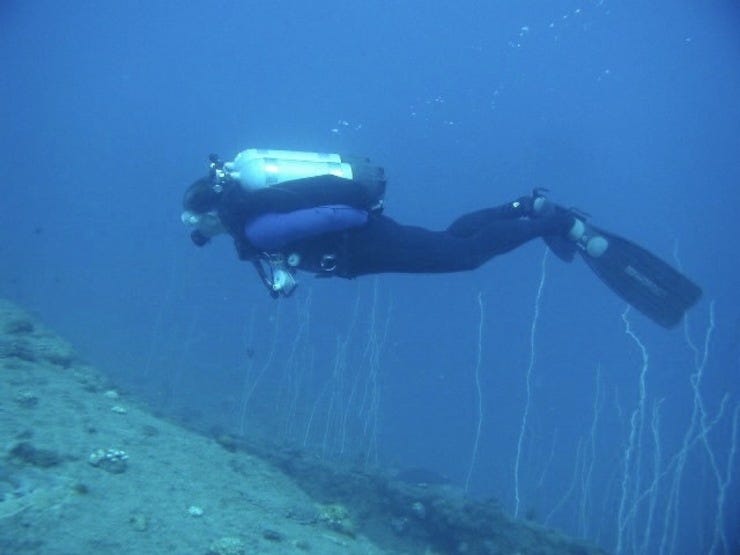 Diver Nicholas Smith on the hull of the USS Arkansas