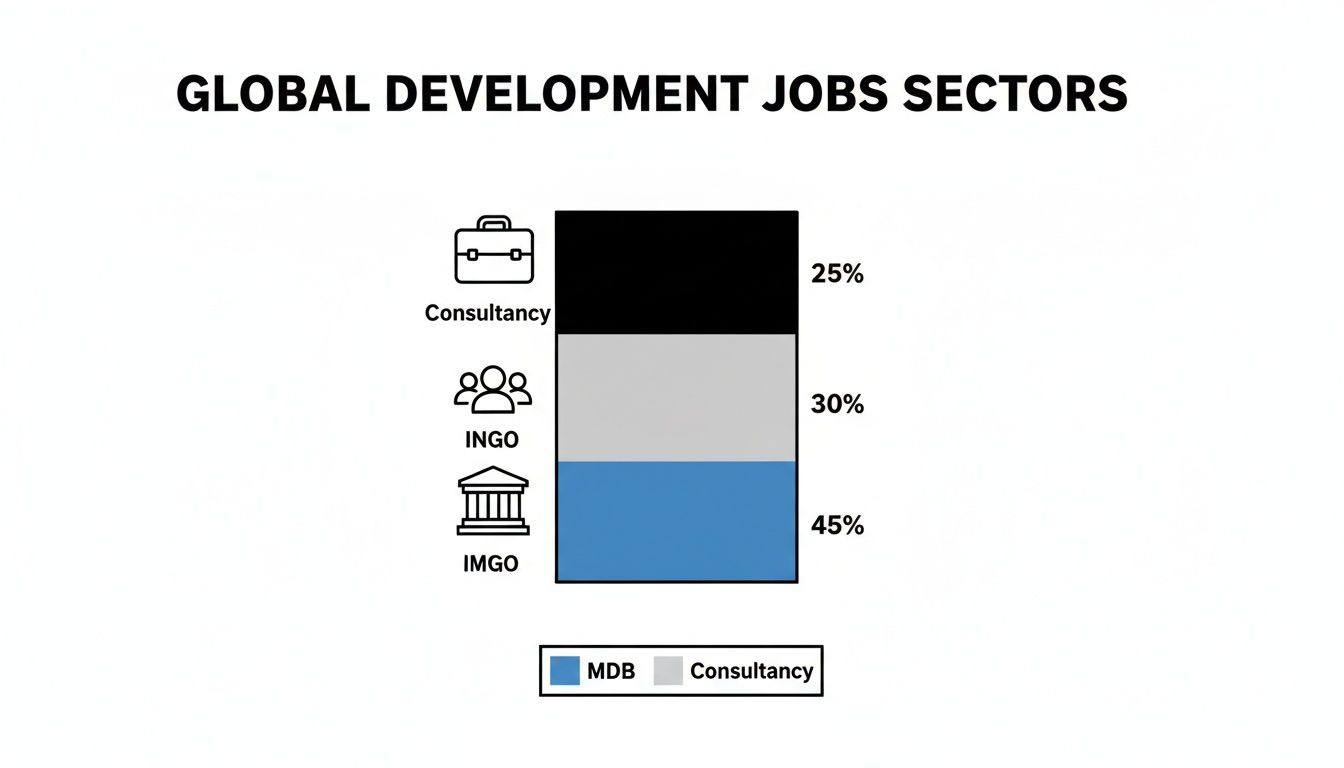 Bar chart illustrating global development job sectors: Consultancy 25%, INGO 30%, and IMGO 45%. Bar chart illustrating global development job sectors: Consultancy 25%, INGO 30%, and IMGO 45%.