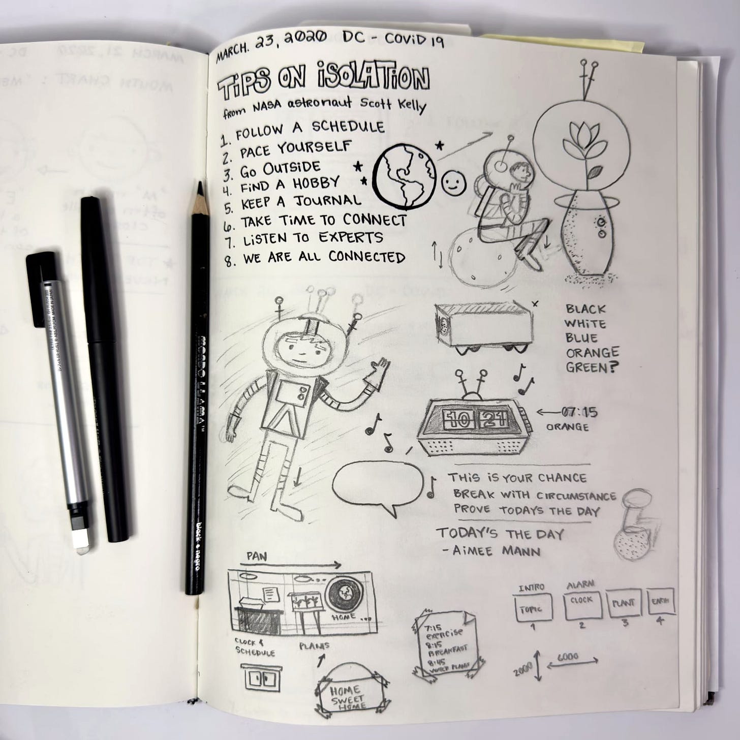 a photo of a sketchbook page with cartoon sketches of astronauts and a retro clock