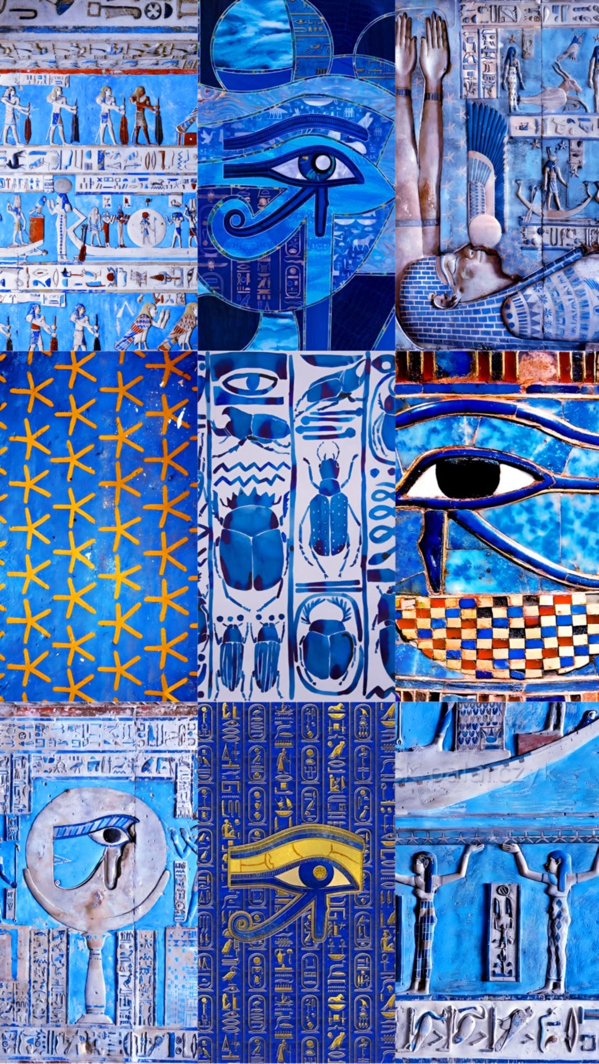 hieroglyphs collage in blue tint