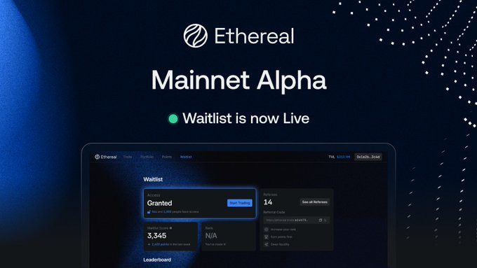 A dark-themed digital interface for Ethereal with a circular logo featuring a stylized design. The interface shows a "Waitlist" section with "Granted" status, a leaderboard, and numerical values like 2,346 and 14. Text overlays include "Ethereal Mainnet Alpha" and "Waitlist is now live" in white on a blue background with scattered white dots. A dark-themed digital interface for Ethereal with a circular logo featuring a stylized design. The interface shows a "Waitlist" section with "Granted" status, a leaderboard, and numerical values like 2,346 and 14. Text overlays include "Ethereal Mainnet Alpha" and "Waitlist is now live" in white on a blue background with scattered white dots.