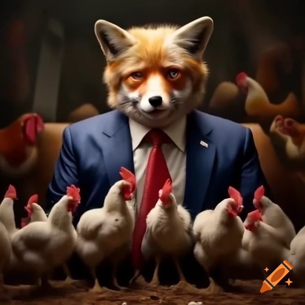 Satirical depiction of a fox representing trump surrounded by chickens on Craiyon