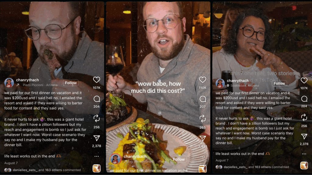 Three TikTok video screenshots showing a woman named chanrythach bragging about bartering a $200 vacation dinner for content creation instead of paying cash, with captions describing how she contacted the resort and successfully negotiated the exchange.