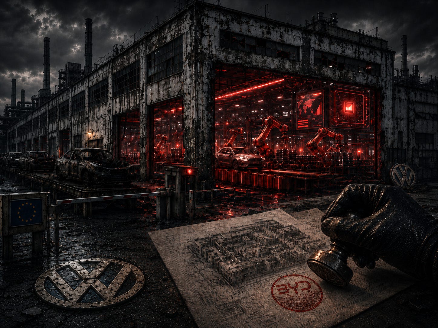 Dark illustration of a ruined European car factory under a stormy sky. Inside, red industrial robots operate along a production line. In the foreground, a gloved hand stamps blueprints with the BYD mark. On the left, a Volkswagen logo lies on the ground near a barrier in European Union colors, suggesting Europe’s industrial decline and a Chinese-style takeover of production.