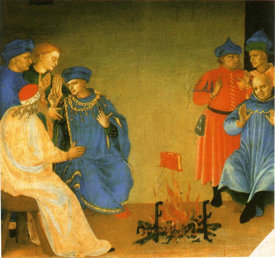 Tableau peint par le franciscain Fra Angelico représentant un miracle produite lors de la controverse de Montréal entre saint Dominique et les hérétiques albigeois