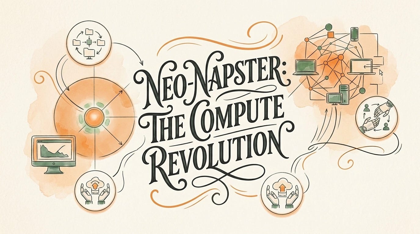 Neo-Napster hero image — peer-to-peer compute nodes forming a decentralized AI network