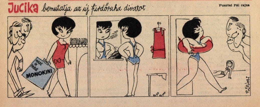 Jucika arrives at the beach in a red dress, carrying a shopping bag advertising a bold new Parisian monokini swimsuit, drawing the attention of nearby men. In the dressing room, she tries it on and realizes it fully exposes her breasts. In the final panel, she walks onto the beach holding a float ring high to cover her chest, while the onlookers appear disappointed. Jucika arrives at the beach in a red dress, carrying a shopping bag advertising a bold new Parisian monokini swimsuit, drawing the attention of nearby men. In the dressing room, she tries it on and realizes it fully exposes her breasts. In the final panel, she walks onto the beach holding a float ring high to cover her chest, while the onlookers appear disappointed.