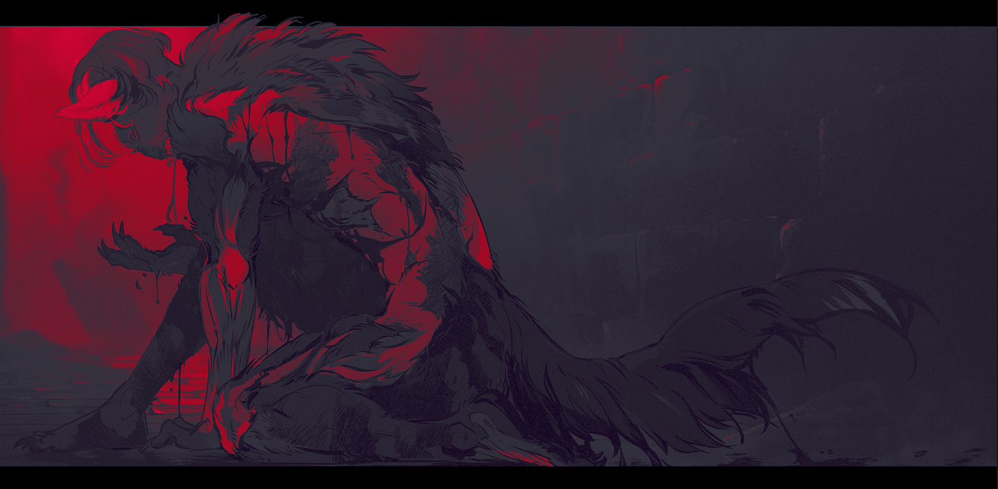 Illustration by D.S.Black of werewolf monster illustrating literally the concept of monster transformation, the thesis of the essay.