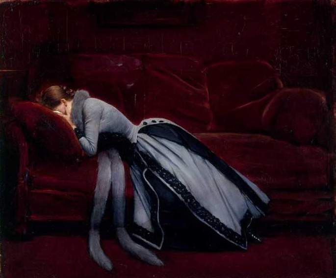This may contain: a painting of a woman sitting on a couch with her head in the back of a suitcase