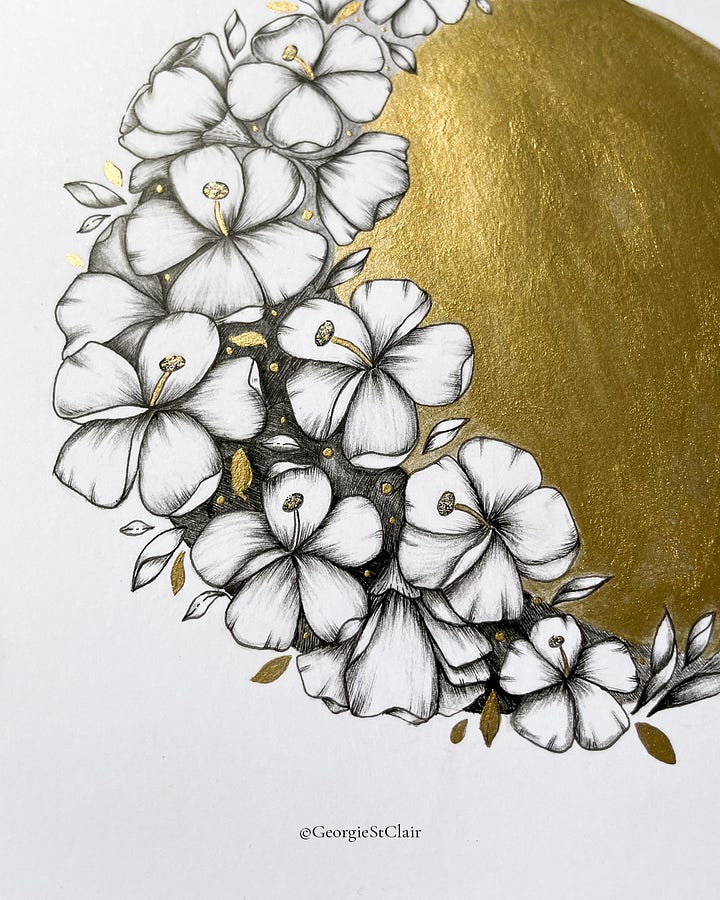Pen and ink botanical illustrations, with gold metallic watercolour paint, inspired by spring blossom