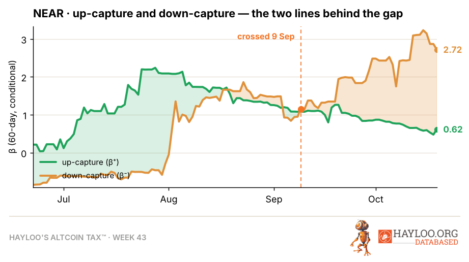 NEAR Protocol (NEAR) upside capture and downside capture against Bitcoin: the two lines crossed on September 9, 2026, and now read 0.62 and 2.72, the gap behind NEAR's Altcoin Tax™ NEAR Protocol (NEAR) upside capture and downside capture against Bitcoin: the two lines crossed on September 9, 2026, and now read 0.62 and 2.72, the gap behind NEAR's Altcoin Tax™