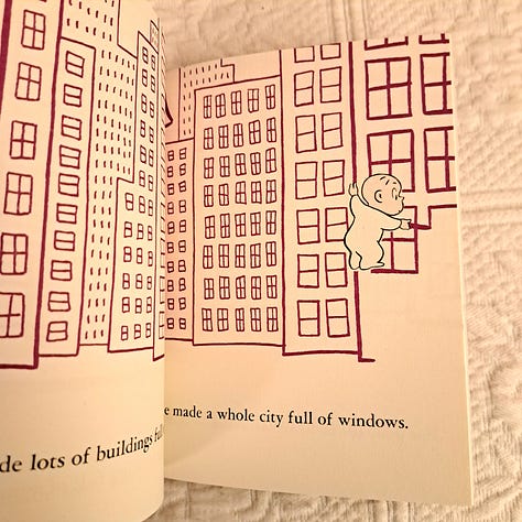 book cover and two images of two-page spreads against a white bedspread