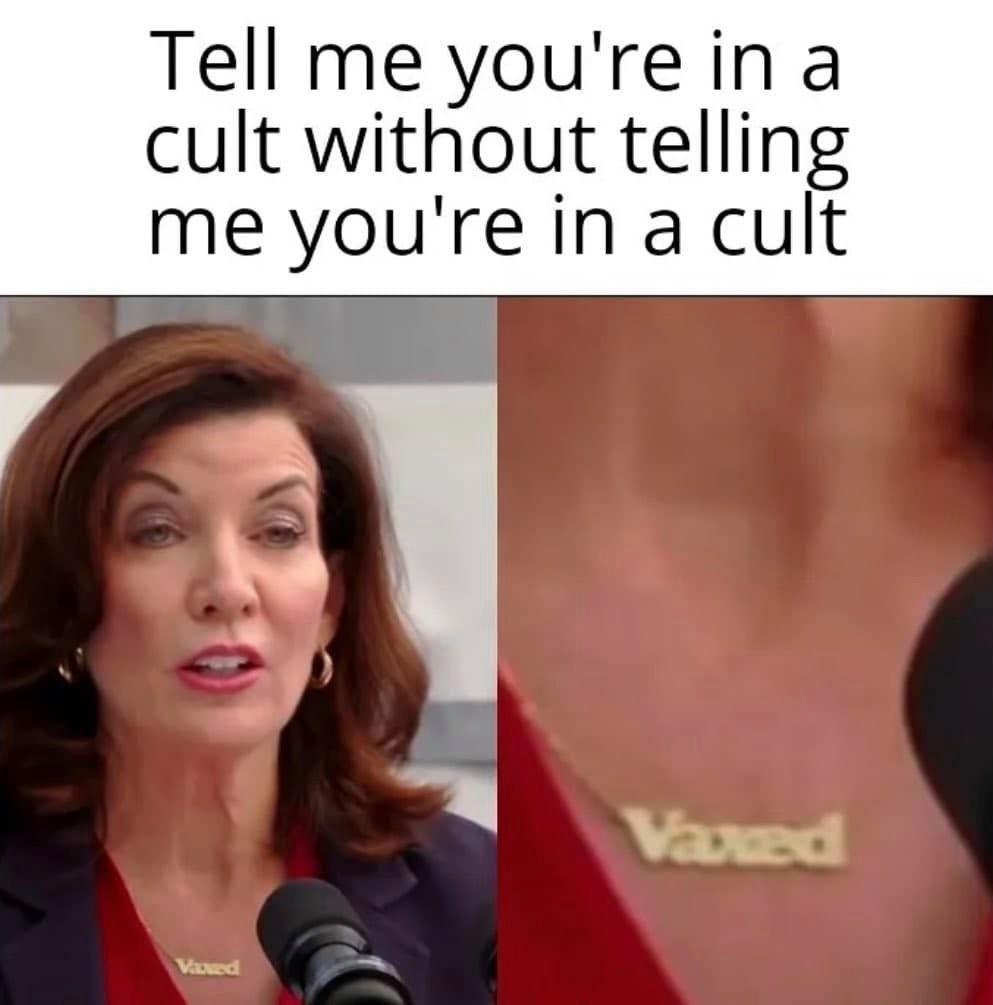 May be an image of 1 person and text that says 'Tell me you're in a cult without telling me you're in a cult Vaned Vaxed'