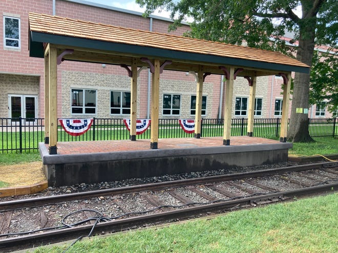 The faux train station constructed on Pond Street that is the centerpiece of Bristol's permanent Lincoln commemoration display.