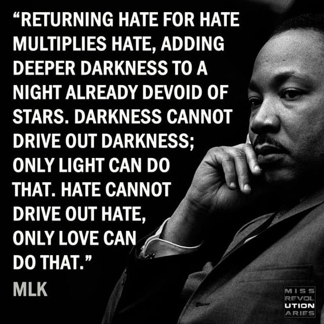 Returning hate for hate only multiplies hate, adding a deeper darkness to a  night already devoid of stars. Darkness cannot drive out darkness; only  light can do that. Hate cannot drive out