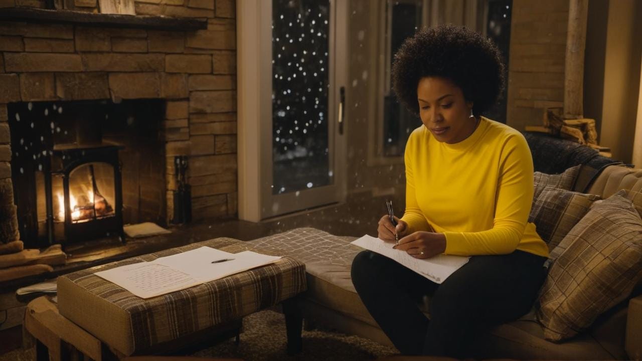 African American woman in yellow sitting in an urban room sitting on the couch while writing a letter with a wintry rain night no tree by fireplace African American woman in yellow sitting in an urban room sitting on the couch while writing a letter with a wintry rain night no tree by fireplace