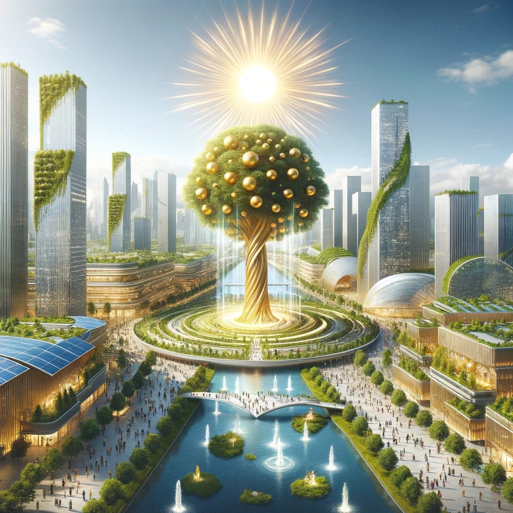 Reimagine "The Constructal Law of Prosperity" within a cityscape context. This scene features an advanced, eco-friendly city, harmoniously integrated with nature, embodying the Constructal Law's principles. Skyscrapers are covered with greenery, vertical gardens, and solar panels, symbolizing sustainable growth and energy efficiency. At the city's heart, a magnificent park with a radiant, large tree adorned with golden fruits stands for prosperity. This tree is surrounded by people from diverse backgrounds, symbolizing societal cooperation and mutual benefits. Flowing water features and green spaces are scattered throughout the city, ensuring a balance between urban development and natural ecosystems. The sky is clear and sunny, reflecting a state of harmony and prosperity achieved through smart, adaptive design and respecting natural flows.