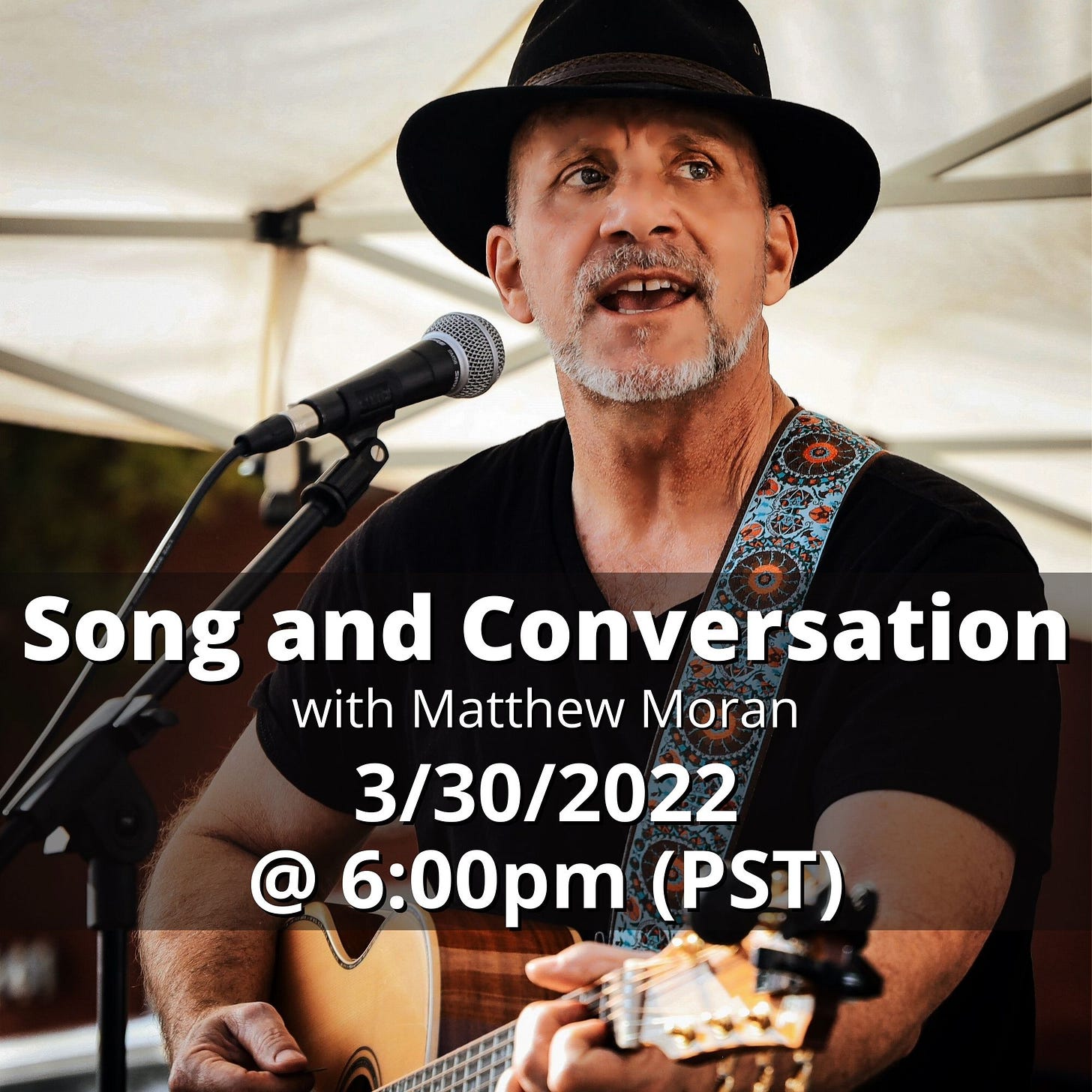 Image of Matt playing guitar with text about the livestream