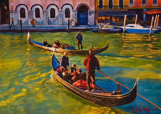 watercolor painting of Venetian gondolas on the Grand Canal, by John Hulsey
