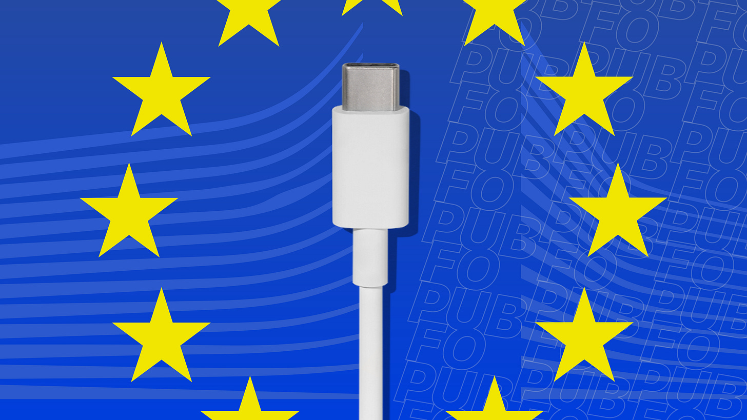 USB-C cable against the EU stars with the EU Commission mark in the background