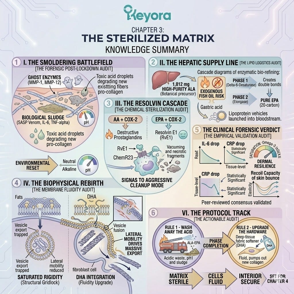 The 22-carbon hyper-flexible DHA spring disrupts saturated stiffness, accelerating the exocytosis of bulky collagen triple-helices into a sterilized, alkaline matrix. The 22-carbon hyper-flexible DHA spring disrupts saturated stiffness, accelerating the exocytosis of bulky collagen triple-helices into a sterilized, alkaline matrix.