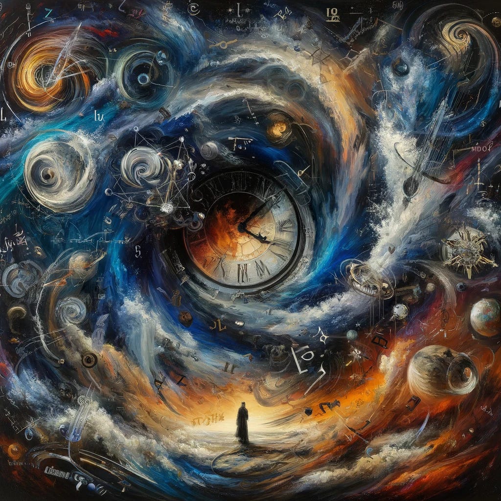 An abstract oil painting using thick, expressive brush strokes, depicting a cosmic and philosophical crisis. The canvas is filled with swirling dark voids representing dark matter and dark energy, clashing with bright, fragmented mathematical symbols and shattered equations. A distorted clock floats in space symbolizing the failure of time-based theories. A faint silhouette of Earth appears stationary at the center, surrounded by symbolic instruments like a Michelson-Morley interferometer and a sextant, tangled in brushy waves. Hidden behind vibrant textures, hints of Antarctic ice walls and undersea cables coil like serpents. A faceless figure in a lab coat stands muted in the shadows, symbolizing suppressed professionals. The color palette mixes deep blues, black, and metallic gold with sudden flashes of red and white, representing ignored anomalies and bursts of suppressed truth. The entire piece evokes an uneasy yet majestic sense of hidden knowledge and unasked questions. An abstract oil painting using thick, expressive brush strokes, depicting a cosmic and philosophical crisis. The canvas is filled with swirling dark voids representing dark matter and dark energy, clashing with bright, fragmented mathematical symbols and shattered equations. A distorted clock floats in space symbolizing the failure of time-based theories. A faint silhouette of Earth appears stationary at the center, surrounded by symbolic instruments like a Michelson-Morley interferometer and a sextant, tangled in brushy waves. Hidden behind vibrant textures, hints of Antarctic ice walls and undersea cables coil like serpents. A faceless figure in a lab coat stands muted in the shadows, symbolizing suppressed professionals. The color palette mixes deep blues, black, and metallic gold with sudden flashes of red and white, representing ignored anomalies and bursts of suppressed truth. The entire piece evokes an uneasy yet majestic sense of hidden knowledge and unasked questions.