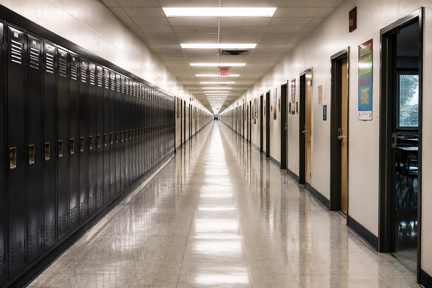 Hyperrealistic empty school hallway stretching toward a distant vanishing point, symbolizing end-of-year teacher exhaustion and the feeling of endless tasks in May.