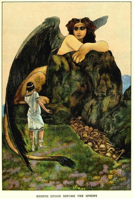 Ilustração aquarelada antiga que mostra um rapaz usando vestes gregas conversando com uma enorme esfinge, deitada preguiçosamente sobre um rochedo, com asas enormes, patas de leão e rosto de mulher morena e misteriosa. Abaixo do rochedo onde ela se apoia, uma pilha de ossos humanos.