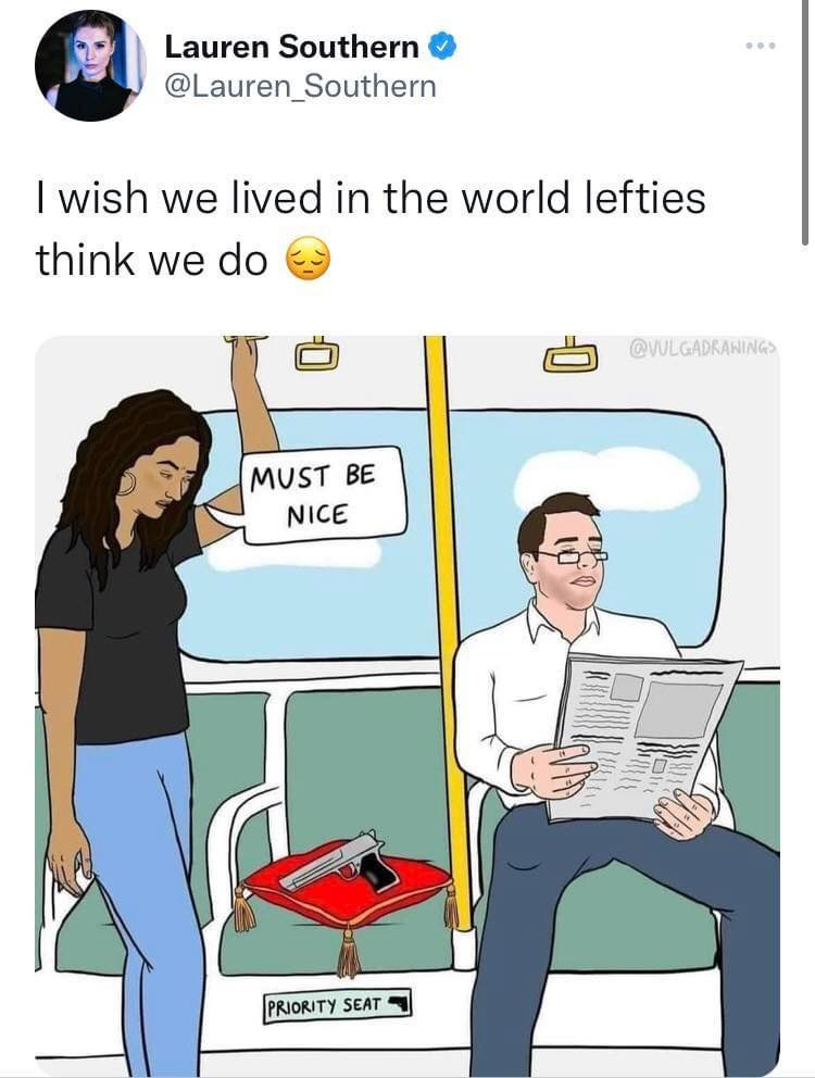 May be a meme of 1 person and text that says 'Lauren Southern @Lauren_Southern I wish we lived in the world lefties think we do do @WULGADRAHINGS MUST BE NICE PRIORITY SEAT'