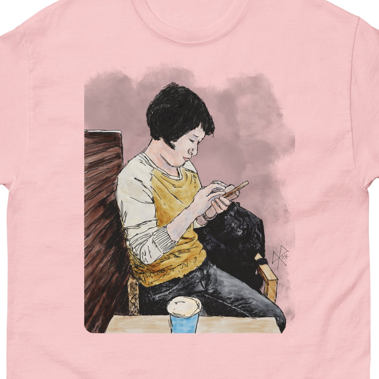 A woman sitting in a coffee shop, disposable cup on the table in front of her, fully engaged with her phone as she types and swipes its face. Sketch art by Don Rice. A woman sitting in a coffee shop, disposable cup on the table in front of her, fully engaged with her phone as she types and swipes its face. Sketch art by Don Rice.
