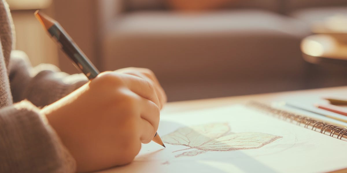 A child draws a leaf in his Nature Journal for homeschooling.