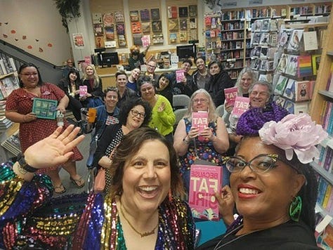 Various photos of Lauren at Because Fat Girl book events.