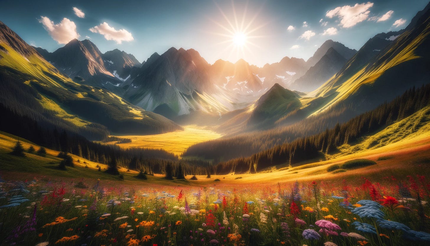 A picturesque mountain scene with the sun shining brightly over the peaks. The sunlight creates a golden glow on the mountains, highlighting their rugged beauty. In the valley below, a vibrant meadow filled with colorful wildflowers stretches out, adding a lively contrast to the scene. The sky is clear blue with a few wispy clouds, and the entire landscape exudes a serene and uplifting atmosphere.