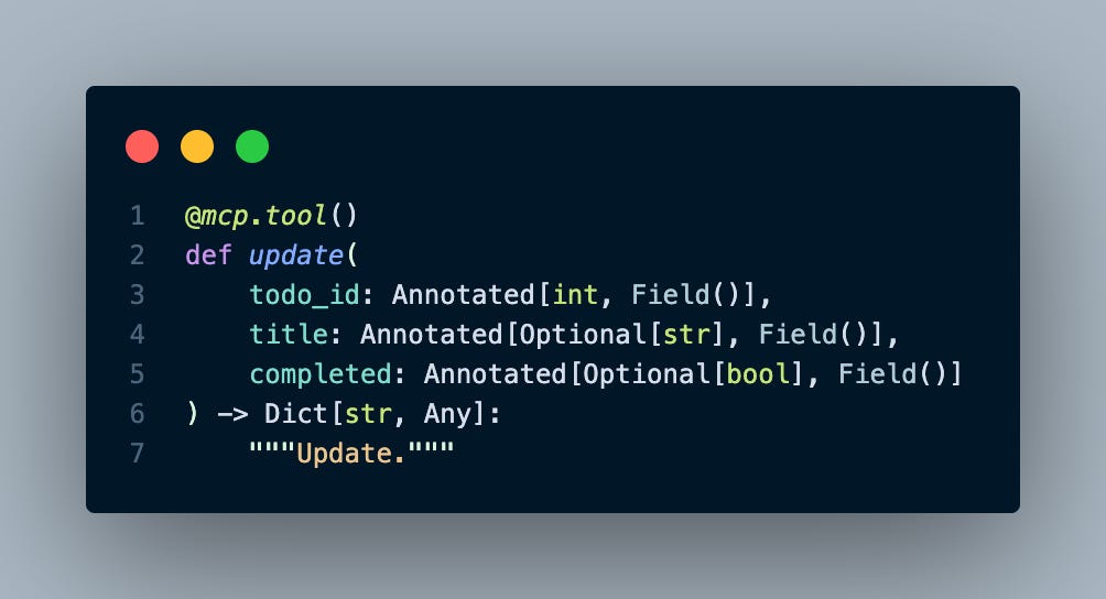 code block showing no documentation for the update todo tool
