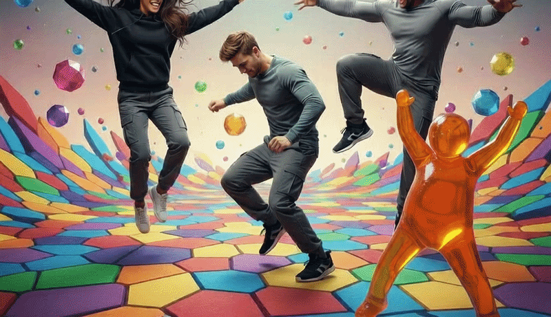 The supers dancing joyfully with a yellow jelly shape