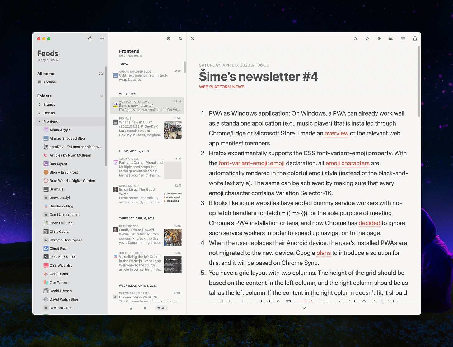 A screenshot of the Reeder app that shows my RSS feed A screenshot of the Reeder app that shows my RSS feed