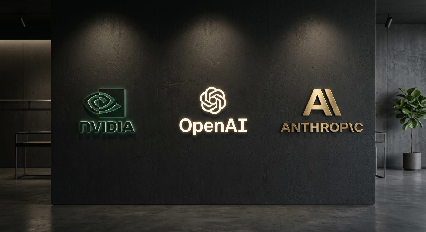 Nvidia, OpenAI, and Anthropic logos displayed on a dark wall.