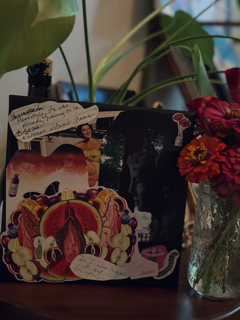 Image of small collage on canvas propped on table with plant & vase of garden flowers