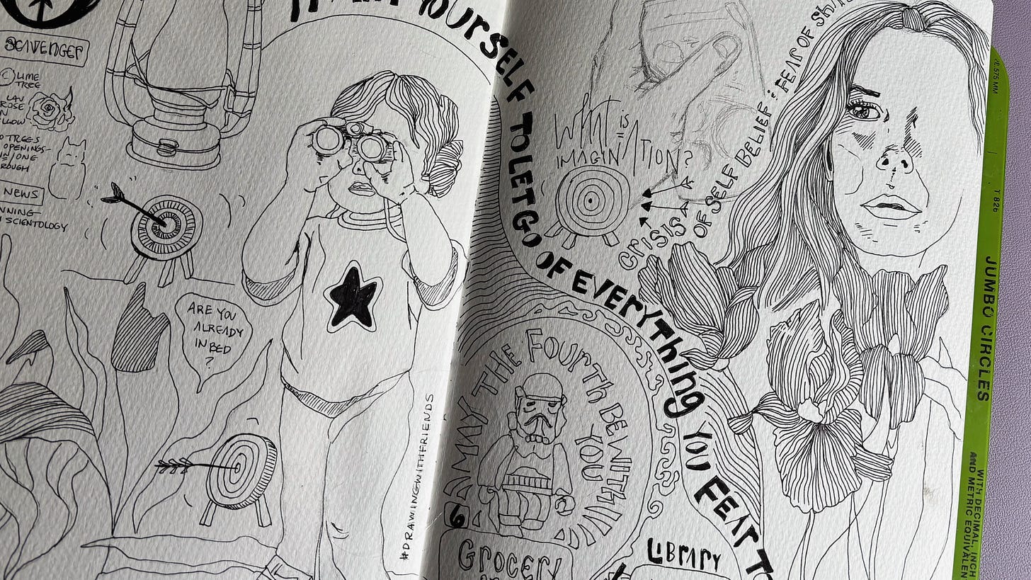 Illustrated journal spread. A Cowen 2026. Contains drawings, notes, and quotes.