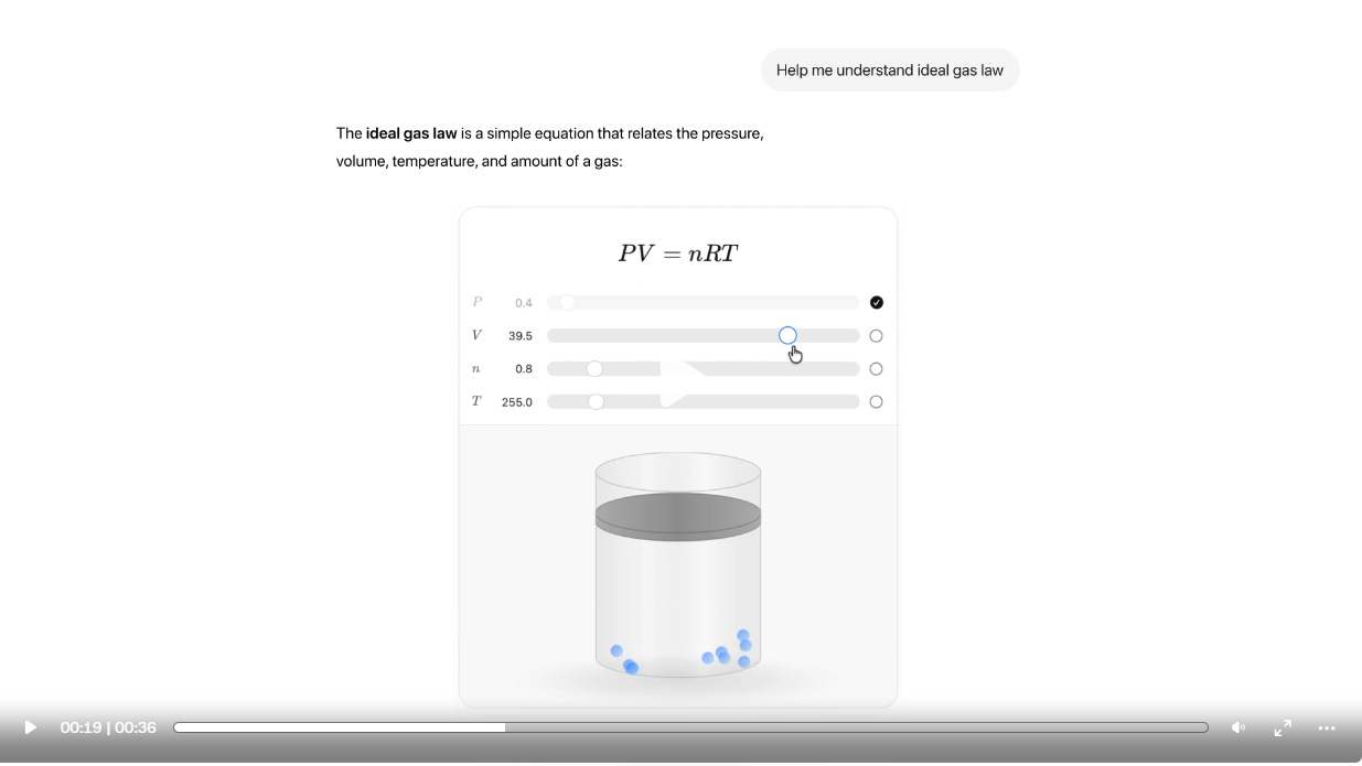 ChatGPT interactive explainer for the ideal gas law showing PV=nRT formula, four adjustable sliders for pressure, volume, moles, and temperature, alongside a 3D glass container with bouncing blue gas molecules