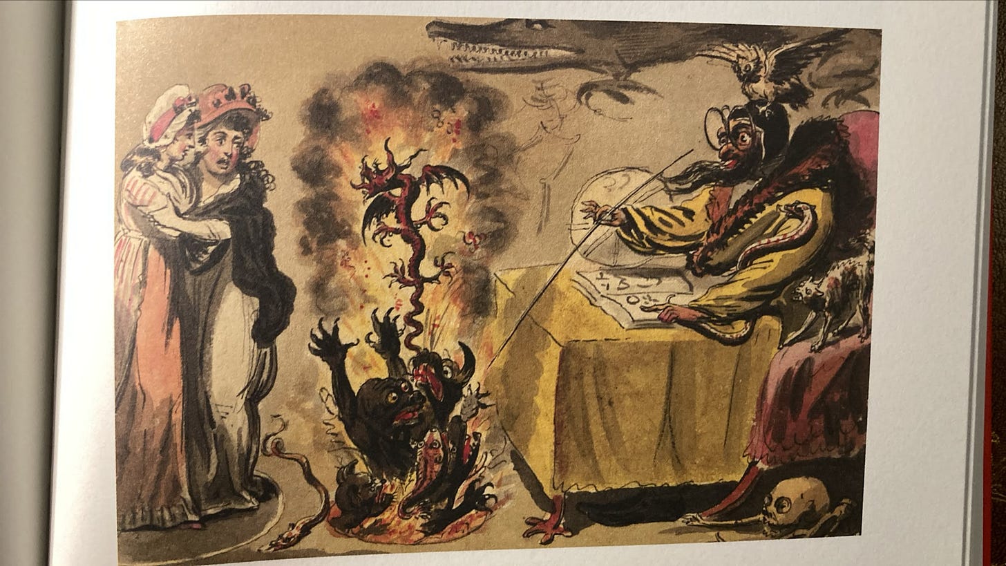 Colourful historical illustration reproduced in Magick, showing frightened women watching a sinister magician conjure grotesque demons amid smoke and flames. Colourful historical illustration reproduced in Magick, showing frightened women watching a sinister magician conjure grotesque demons amid smoke and flames.