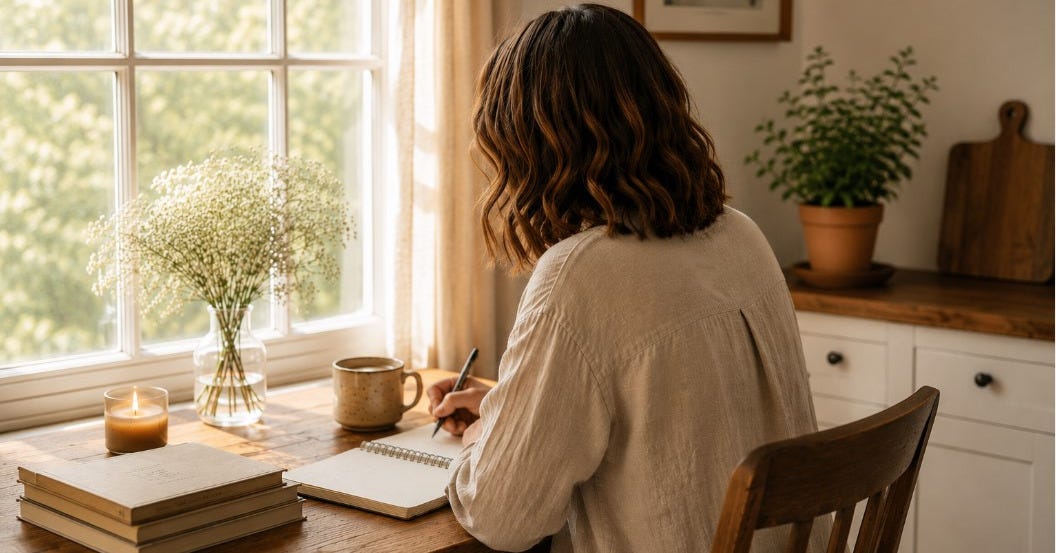 Woman with shoulder length wavy brown hair sitting at a wooden kitchen table by a sunlit window writing in a notebook with tea, books, and soft afternoon light in a calm slow living home setting.