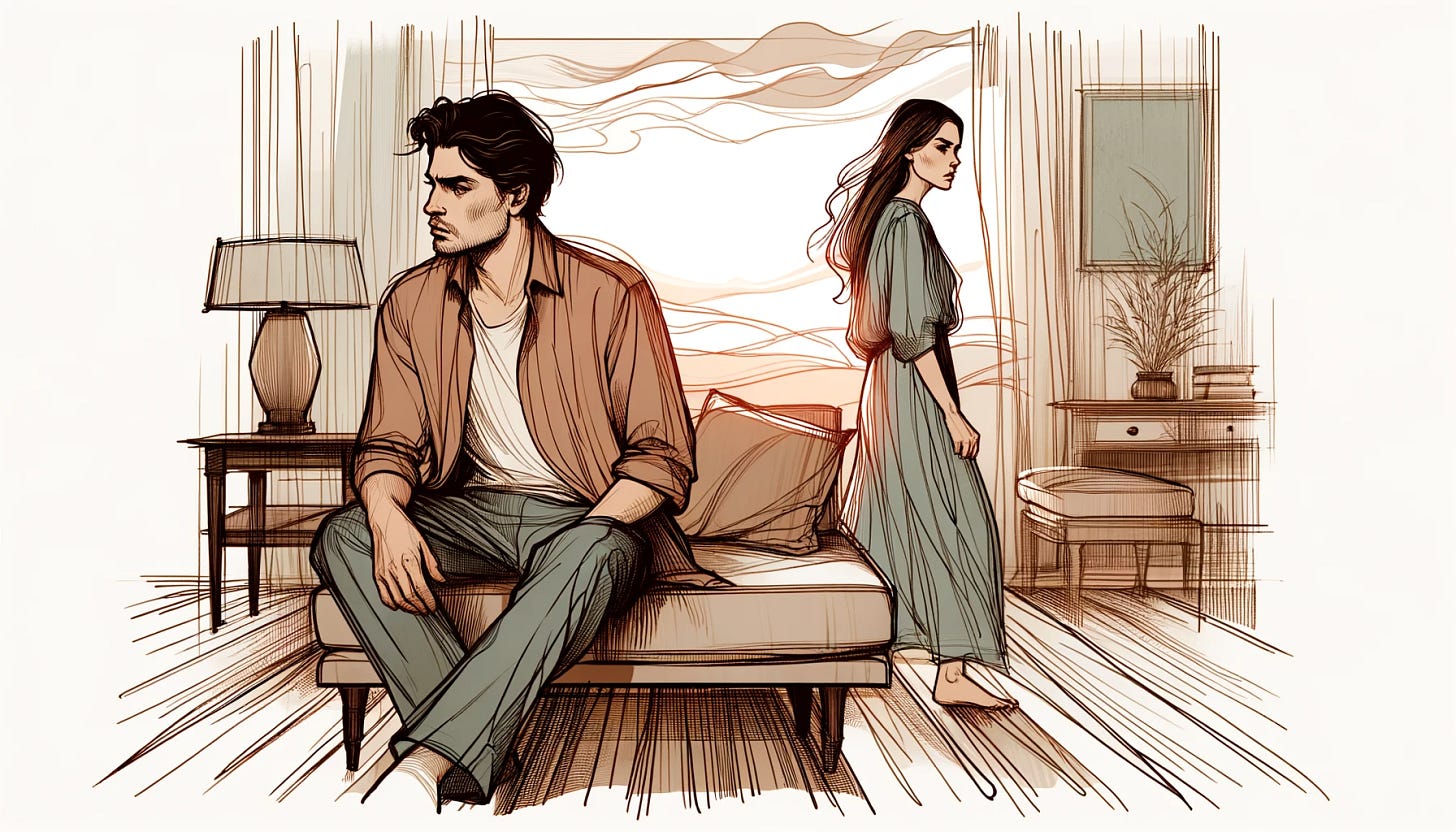 A landscape-oriented illustration in a flowy, sketch-like art style with soft lines and muted colors, set indoors. It features a couple with ambiguous ethnic features. The man appears distant and has stopped talking, his gaze averted, embodying a withdrawn posture. The woman is restless, her body language indicating unease and concern, perhaps pacing or fidgeting. The indoor setting includes a couch, a lamp, and other homey details, contrasting the emotional distance between them.
