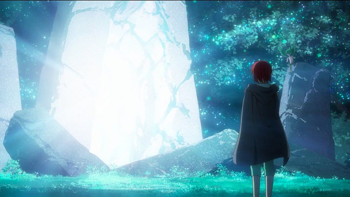 Brilliant backgrounds from the Magus Bride anime. The first is Chise standing in a lit forest of fairy lights. The second is a pretty gangster-looking Elias and Chise in front of ominous and misty backdrop of Big Ben.