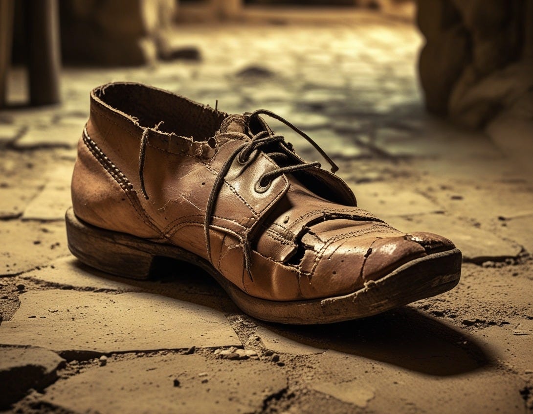 A single, old, torn leather shoe resting on a dusty stone floor. The shoe is cracked, weathered, and misshapen from years of use, with visible stitching coming loose and the sole partly peeling away. The background is dimly lit and textured—evoking an old cobbler’s workshop or a quiet alley in a historic Middle Eastern town. Warm, moody lighting highlights the texture of the leather and the age of the shoe, symbolizing hardship, humility, and hidden dignity. No human figures, just the shoe and its setting. The atmosphere is contemplative and timeless. in teh style of rudyard kipling just so stories 
