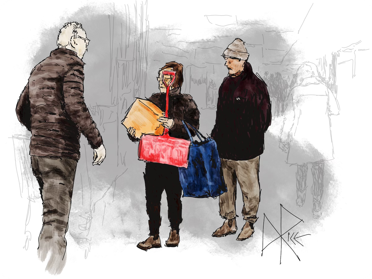 A woman shopping with her family, holding a box and a child-size snow shovel. Sketch art by Don Rice.