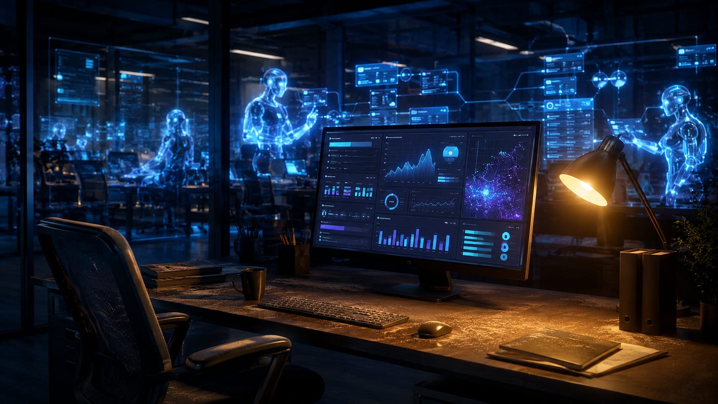 Empty office desk with a glowing software dashboard while blue AI agents work behind a glass wall. Empty office desk with a glowing software dashboard while blue AI agents work behind a glass wall.
